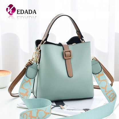 2021 Wide Straps Female PU Leather White Bucket Handbag Famous Brand Designer Lady's Shoulder Crossbody Bags Women's Handbags