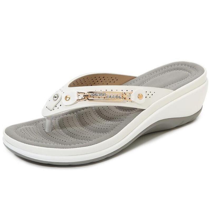 2021 Women's Slippers Summer New Fashion Metal Button Slides Shoes Wedge Beach Sandals Women Outside Platform Leisure Flip Flops
