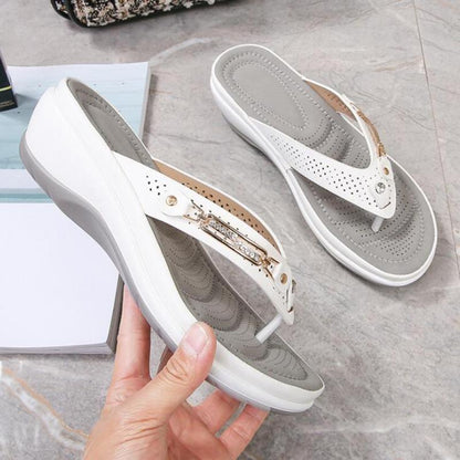 2021 Women's Slippers Summer New Fashion Metal Button Slides Shoes Wedge Beach Sandals Women Outside Platform Leisure Flip Flops
