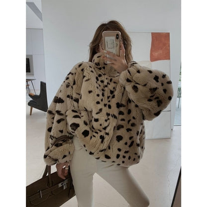 2021 new lamb wool coat female winter Korean version loose twosided wear imitation rabbit leopard fur padded coat