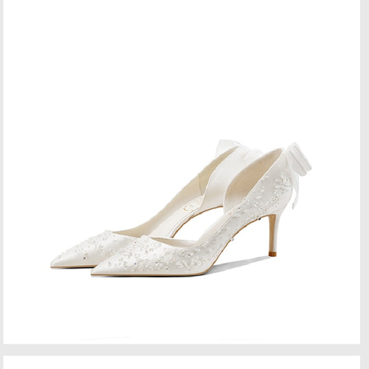 2021 French Embroidery Stiletto Bridal Wedding Shoes Female White side empty banquet Dress Single Shoes Pearl Sandals