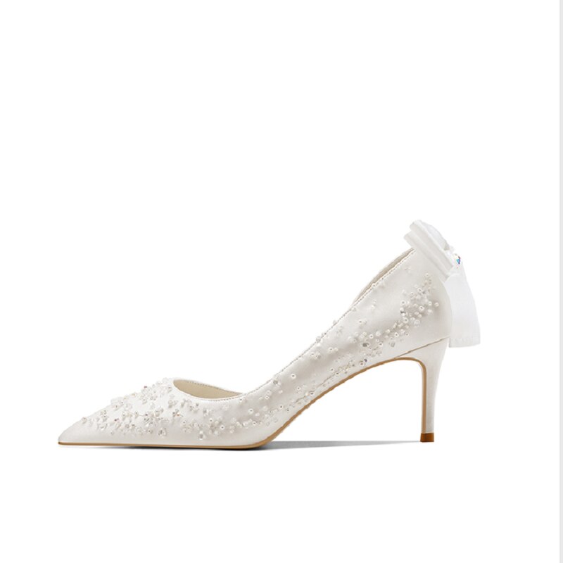 2021 French Embroidery Stiletto Bridal Wedding Shoes Female White side empty banquet Dress Single Shoes Pearl Sandals