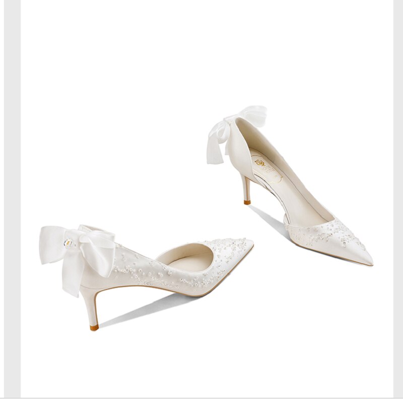 2021 French Embroidery Stiletto Bridal Wedding Shoes Female White side empty banquet Dress Single Shoes Pearl Sandals