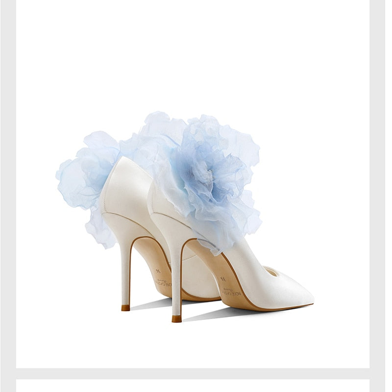 2021 spring new silk bridal wedding shoes stiletto high heel pointed shallow mouth banquet dress flower single shoes women