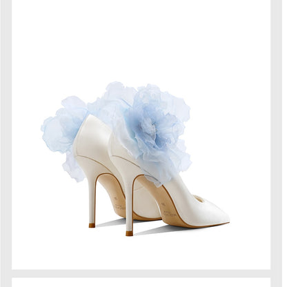 2021 spring new silk bridal wedding shoes stiletto high heel pointed shallow mouth banquet dress flower single shoes women