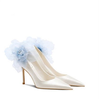 2021 spring new silk bridal wedding shoes stiletto high heel pointed shallow mouth banquet dress flower single shoes women