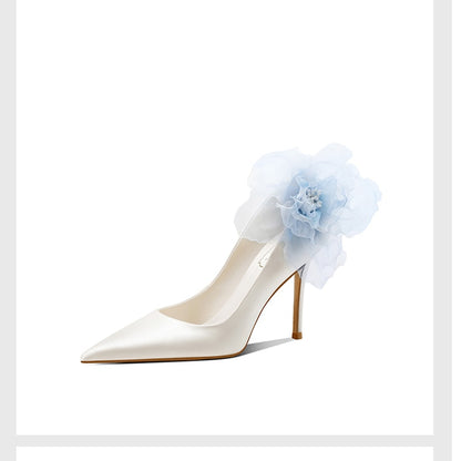 2021 spring new silk bridal wedding shoes stiletto high heel pointed shallow mouth banquet dress flower single shoes women