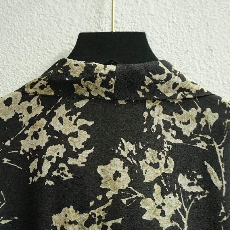 2021 Elegant Blouse High Quality 100% Silk Flower Printed Long Sleeve Blouse Top