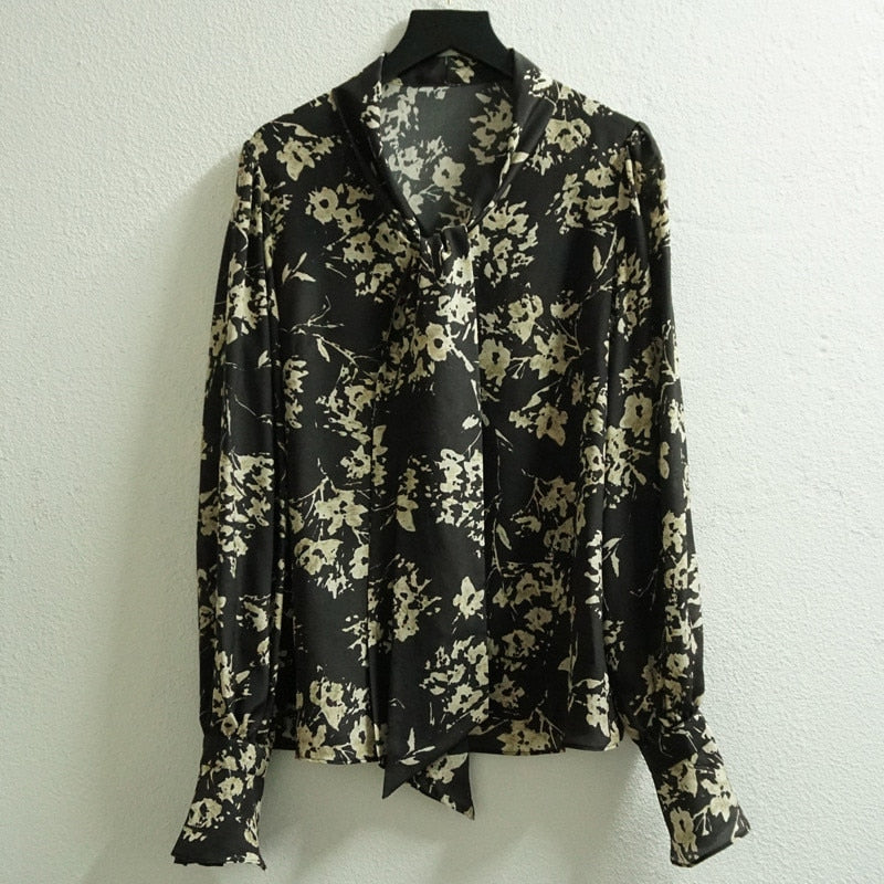 2021 Elegant Blouse High Quality 100% Silk Flower Printed Long Sleeve Blouse Top