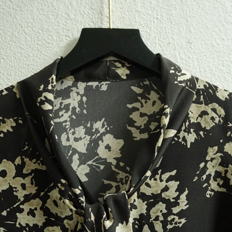 2021 Elegant Blouse High Quality 100% Silk Flower Printed Long Sleeve Blouse Top