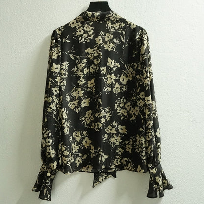 2021 Elegant Blouse High Quality 100% Silk Flower Printed Long Sleeve Blouse Top