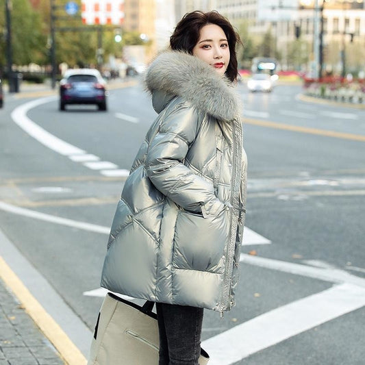 2021 winter new down jacket large fur collar small thickened white duck down medium and long down jacket female