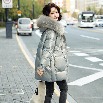 2021 winter new down jacket large fur collar small thickened white duck down medium and long down jacket female
