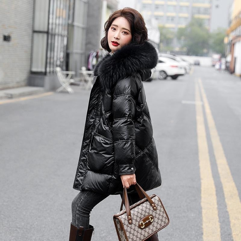 2021 winter new down jacket large fur collar small thickened white duck down medium and long down jacket female