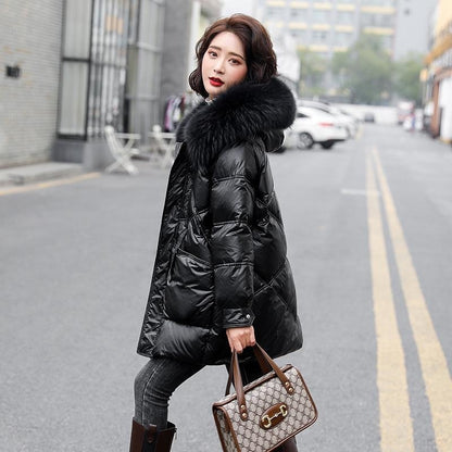2021 winter new down jacket large fur collar small thickened white duck down medium and long down jacket female