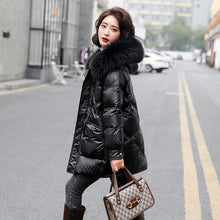 Load image into Gallery viewer, 2021 winter new down jacket large fur collar small thickened white duck down medium and long down jacket female
