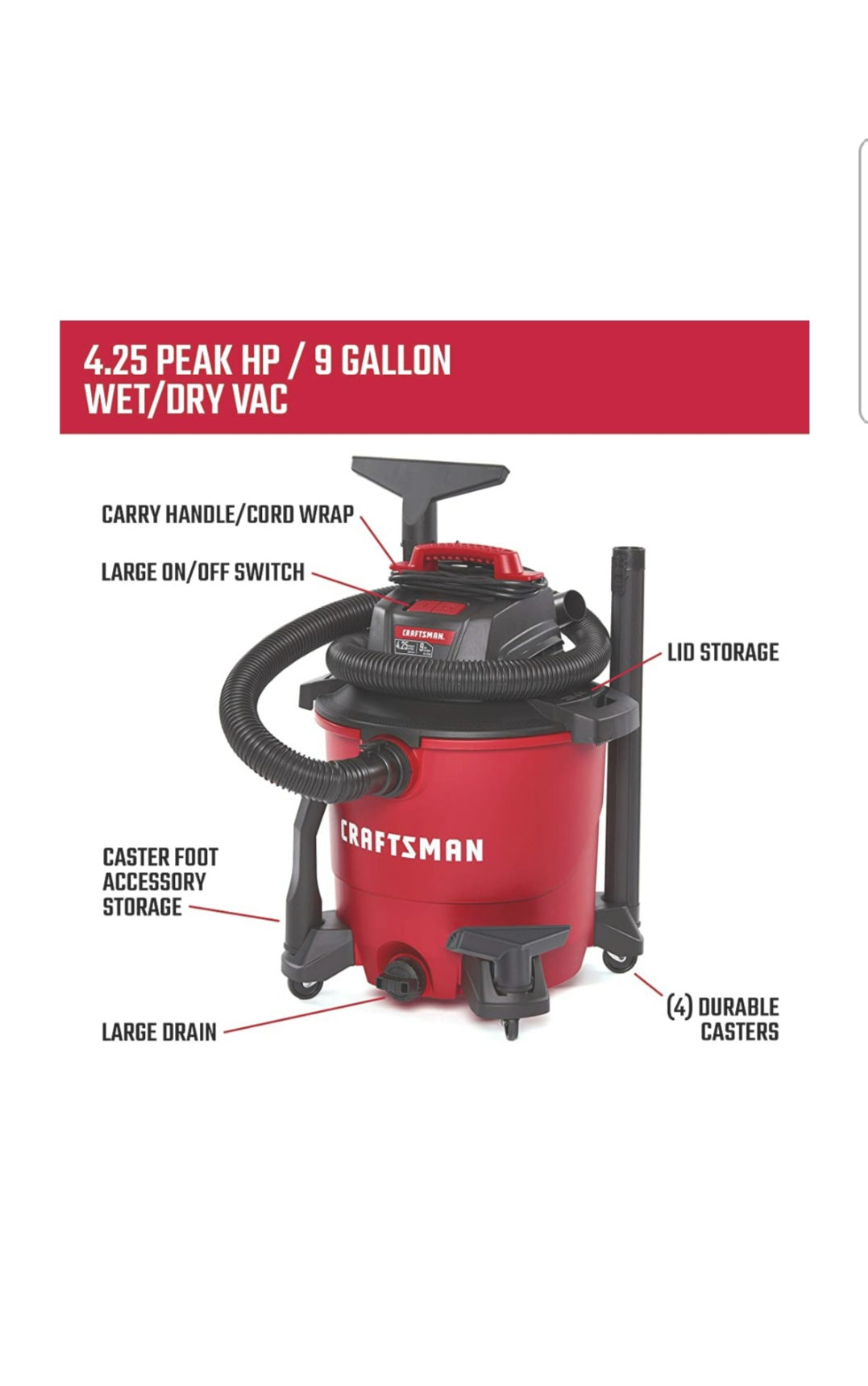 CRAFTSMAN 34 Litre (9 Gallon) 4.25 Peak HP Wet/Dry Vac, Shop Vacuum