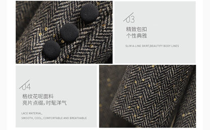 2021SS Spring High Quality Women Sequined Tweed Double Breasted Jacket Coat + Casual Long Trouse Pants