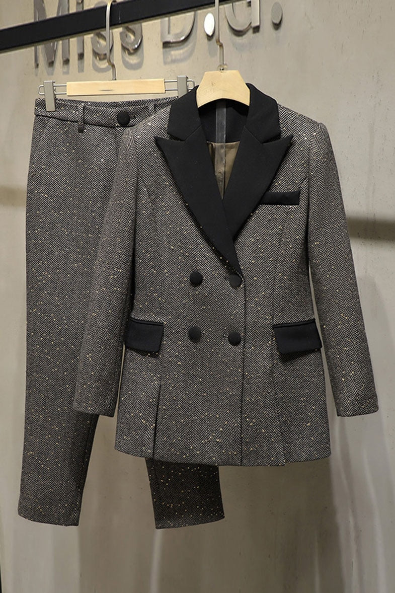 2021SS Spring High Quality Women Sequined Tweed Double Breasted Jacket Coat + Casual Long Trouse Pants