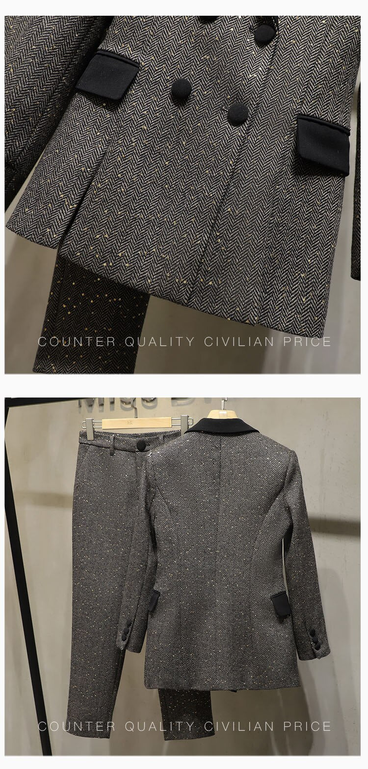 2021SS Spring High Quality Women Sequined Tweed Double Breasted Jacket Coat + Casual Long Trouse Pants