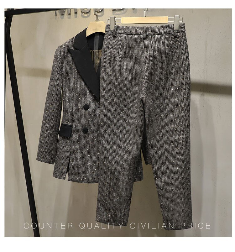 2021SS Spring High Quality Women Sequined Tweed Double Breasted Jacket Coat + Casual Long Trouse Pants