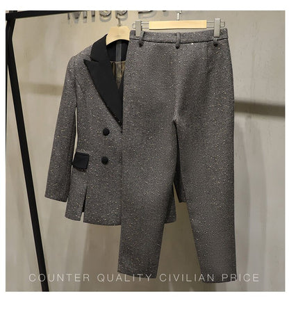 2021SS Spring High Quality Women Sequined Tweed Double Breasted Jacket Coat + Casual Long Trouse Pants