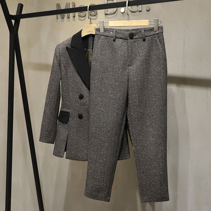 2021SS Spring High Quality Women Sequined Tweed Double Breasted Jacket Coat + Casual Long Trouse Pants
