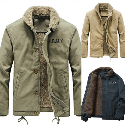 2022 Men's Winter Jacket Coat Plus Velvet Zip Solid Button Casual Long Sleeve Turn-down Collar Woven Winter Thermal Coat Outwear