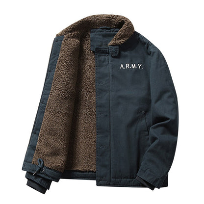 2022 Men's Winter Jacket Coat Plus Velvet Zip Solid Button Casual Long Sleeve Turn-down Collar Woven Winter Thermal Coat Outwear