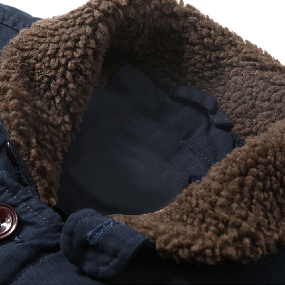 2022 Men's Winter Jacket Coat Plus Velvet Zip Solid Button Casual Long Sleeve Turn-down Collar Woven Winter Thermal Coat Outwear