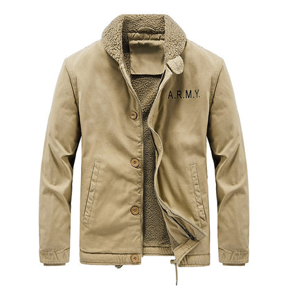 2022 Men's Winter Jacket Coat Plus Velvet Zip Solid Button Casual Long Sleeve Turn-down Collar Woven Winter Thermal Coat Outwear
