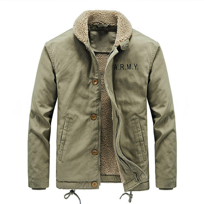 2022 Men's Winter Jacket Coat Plus Velvet Zip Solid Button Casual Long Sleeve Turn-down Collar Woven Winter Thermal Coat Outwear
