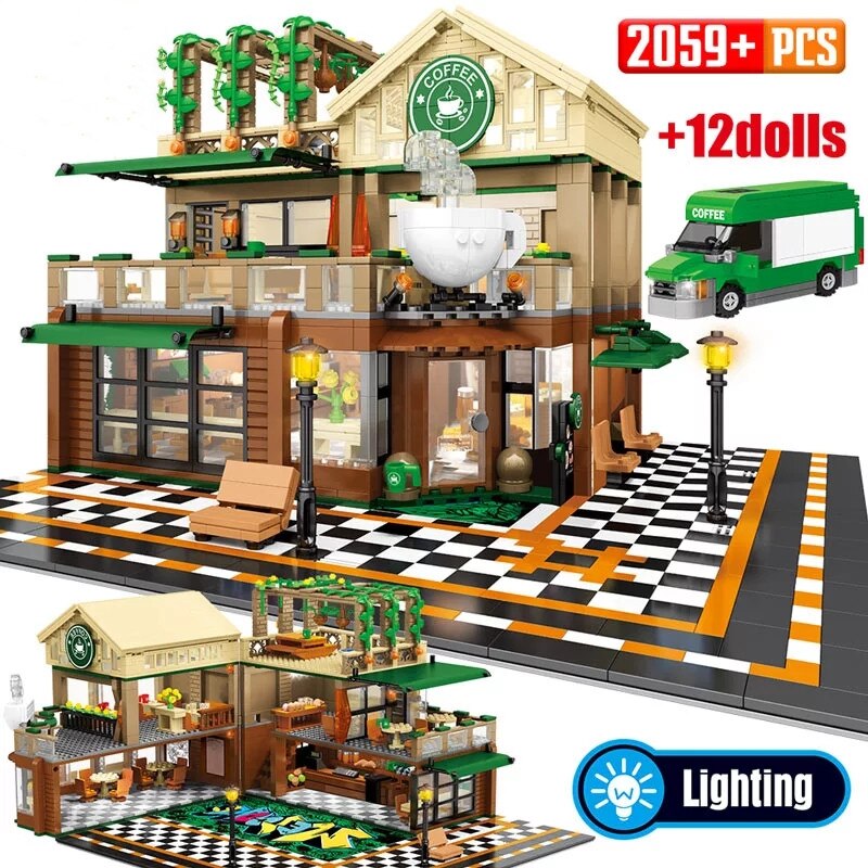 2059Pcs Miniature Mini Coffee Shop Model Building Blocks City Street View Casual House Figures Bricks Toys Children Children