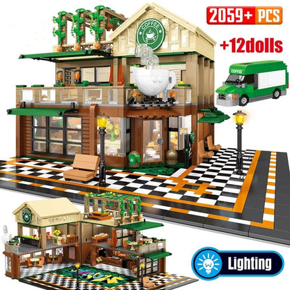 2059Pcs Miniature Mini Coffee Shop Model Building Blocks City Street View Casual House Figures Bricks Toys Children Children