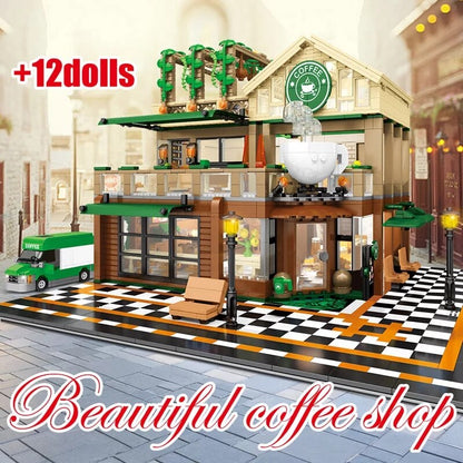 2059Pcs Miniature Mini Coffee Shop Model Building Blocks City Street View Casual House Figures Bricks Toys Children Children