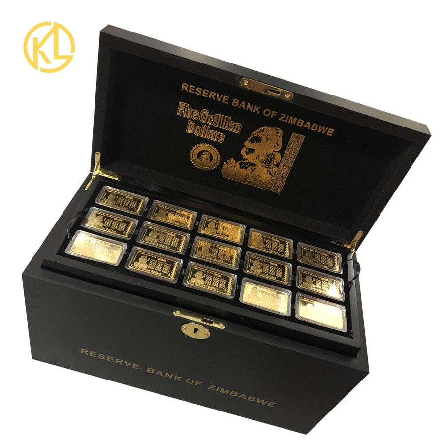 270 Pieces Gold Plated Five Octillion Dollars Zimbabwe Metal Bar With Nice Wooden Box for Gift 270 Pieces