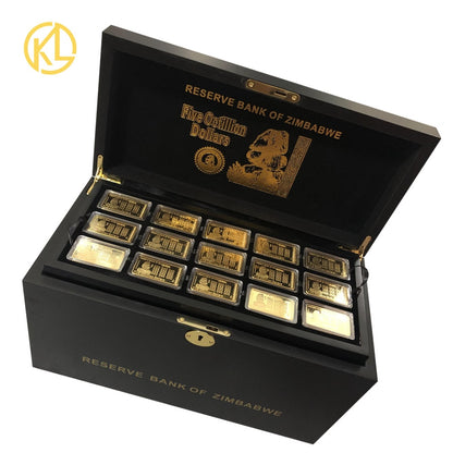 270 Pieces Gold Plated Five Octillion Dollars Zimbabwe Metal Bar With Nice Wooden Box for Gift 270 Pieces