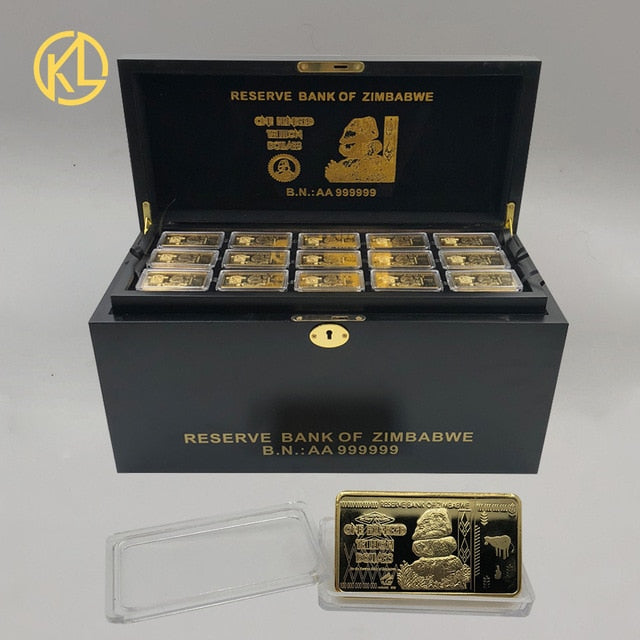 270 Pieces Gold Plated Five Octillion Dollars Zimbabwe Metal Bar With Nice Wooden Box for Gift 270 Pieces