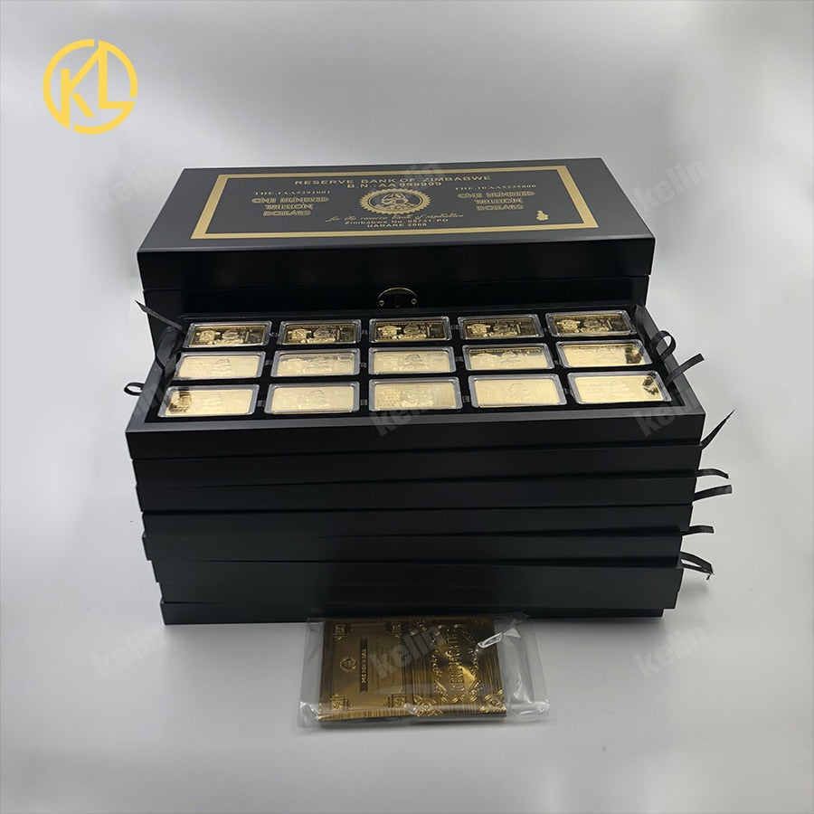 270 Pieces Gold Plated Five Octillion Dollars Zimbabwe Metal Bar With Nice Wooden Box for Gift 270 Pieces