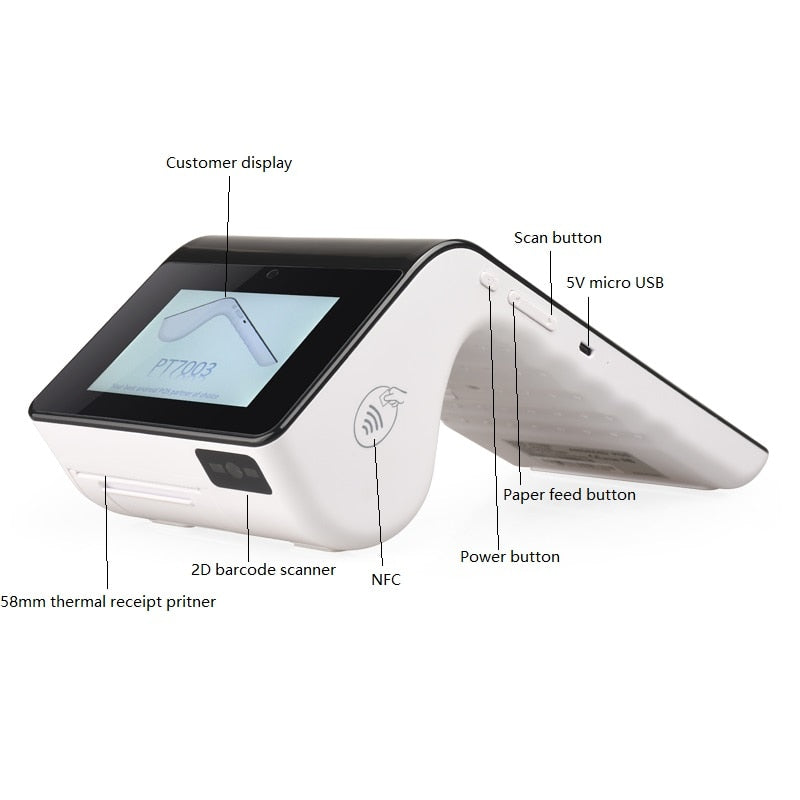 2D Barcode Scanner and Thermal Printer all in one POS Terminal NFC EMV Chip Card Reader with Bluetooth/WIFI/4G /7''Touch Screen