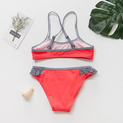 2pcs Swimsuit For Girls Set Kids Stripe Print Ruffle Cross Bandage Bikini Beachwear Summer Cute Bathing Children's Swimwear 2021