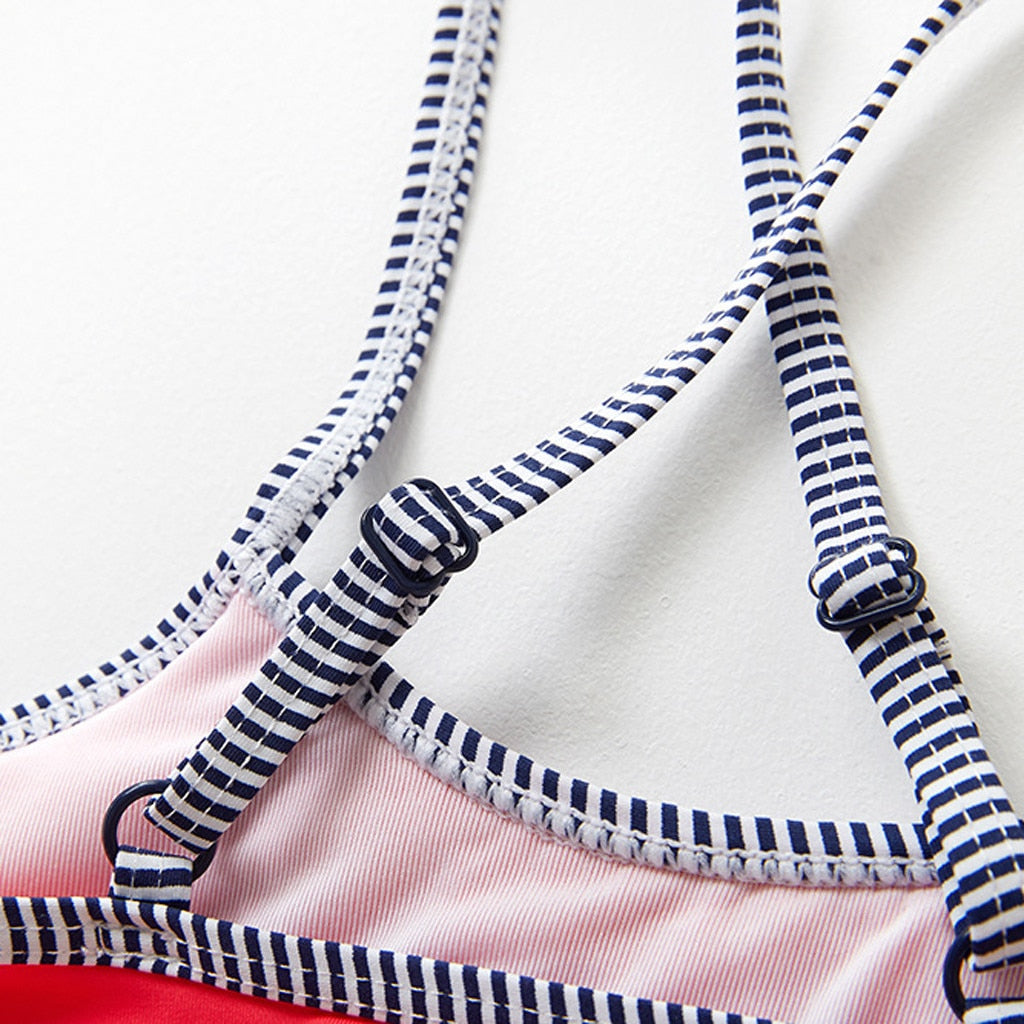2pcs Swimsuit For Girls Set Kids Stripe Print Ruffle Cross Bandage Bikini Beachwear Summer Cute Bathing Children's Swimwear 2021