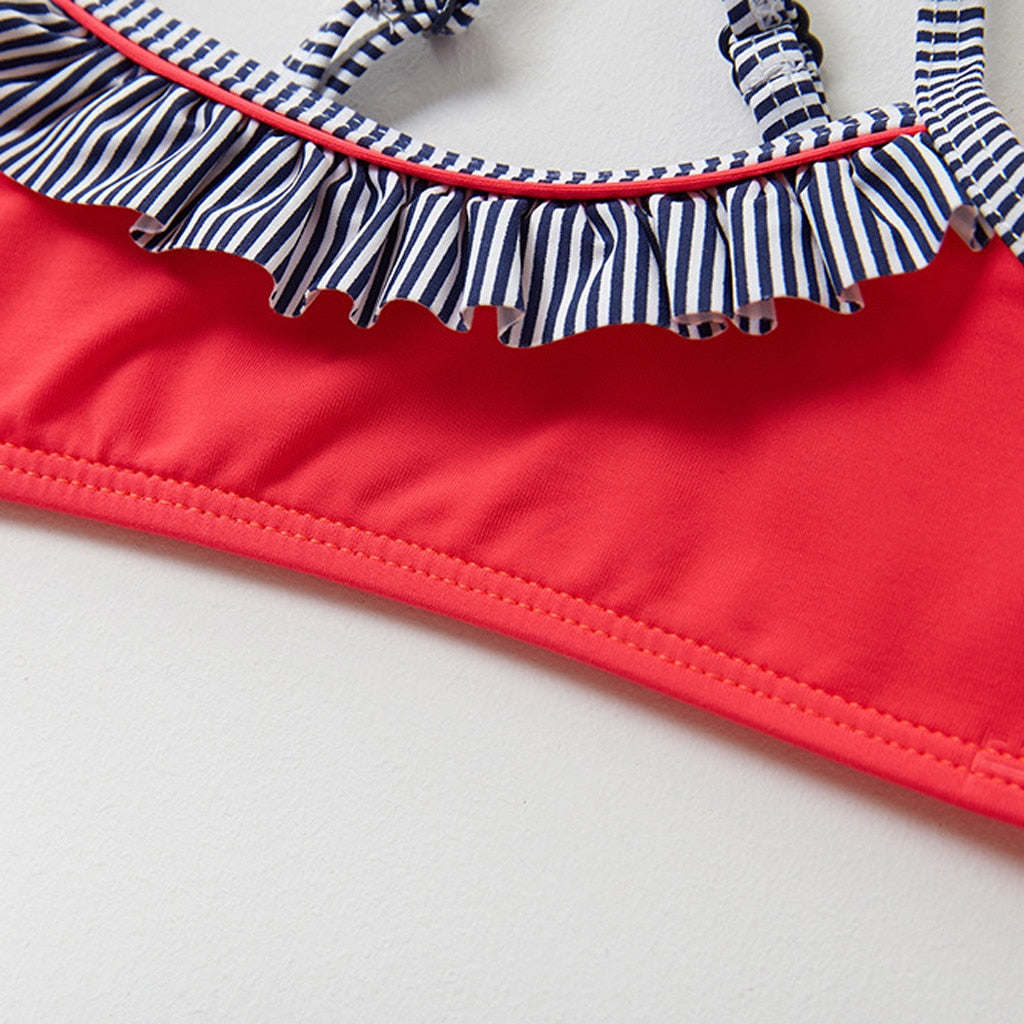 2pcs Swimsuit For Girls Set Kids Stripe Print Ruffle Cross Bandage Bikini Beachwear Summer Cute Bathing Children's Swimwear 2021