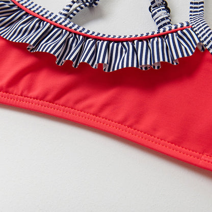 2pcs Swimsuit For Girls Set Kids Stripe Print Ruffle Cross Bandage Bikini Beachwear Summer Cute Bathing Children's Swimwear 2021