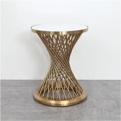 58cm (22") High Tea Table/45cm(18") Round White Marble Top/Small Coffee Table Metal Drum Stand with Golden Finish