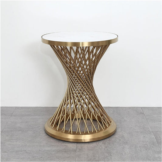 58cm (22") High Tea Table/45cm(18") Round White Marble Top/Small Coffee Table Metal Drum Stand with Golden Finish