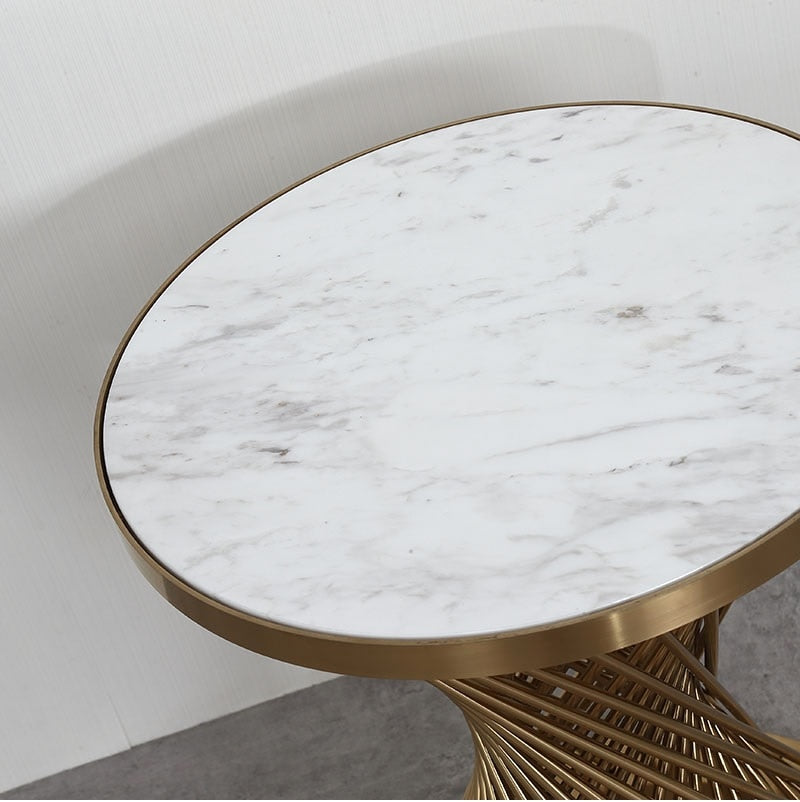 58cm (22") High Tea Table/45cm(18") Round White Marble Top/Small Coffee Table Metal Drum Stand with Golden Finish