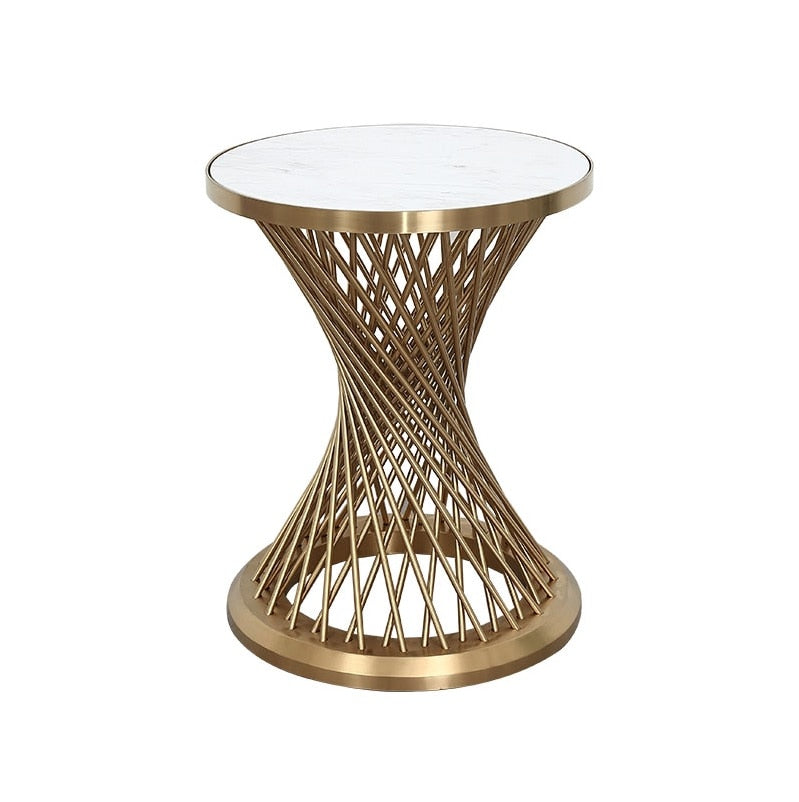 58cm (22") High Tea Table/45cm(18") Round White Marble Top/Small Coffee Table Metal Drum Stand with Golden Finish
