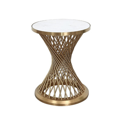 58cm (22") High Tea Table/45cm(18") Round White Marble Top/Small Coffee Table Metal Drum Stand with Golden Finish