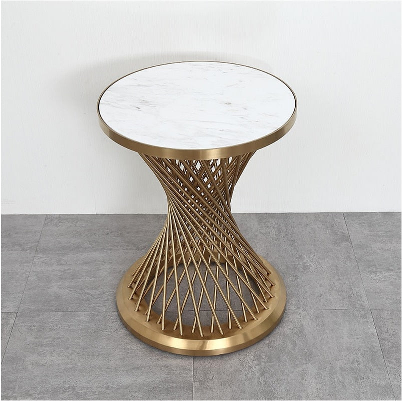 58cm (22") High Tea Table/45cm(18") Round White Marble Top/Small Coffee Table Metal Drum Stand with Golden Finish
